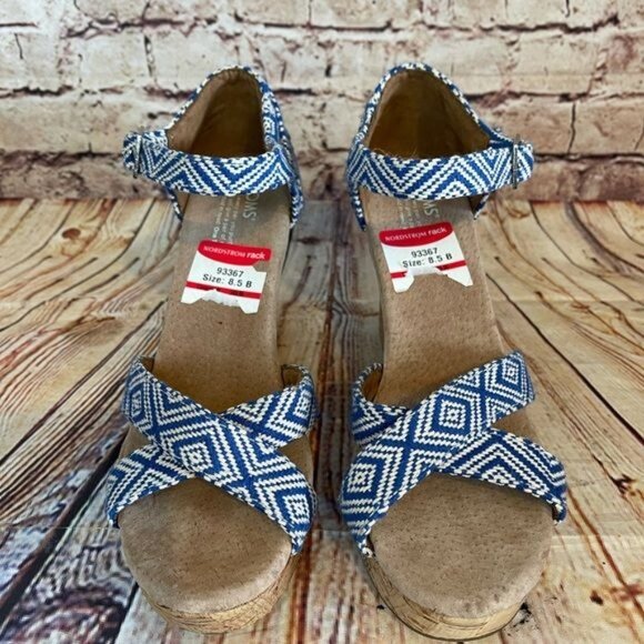 New Toms Blue & White Espadrille Cork Wedge sz 8.5 - Picture 4 of 7